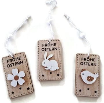 Nikcorp Leseni velikonočni obeski za grm, 3 kosi | Dekoracija zajček, piščanček in rože | Okraski za veliko noč iz lesa