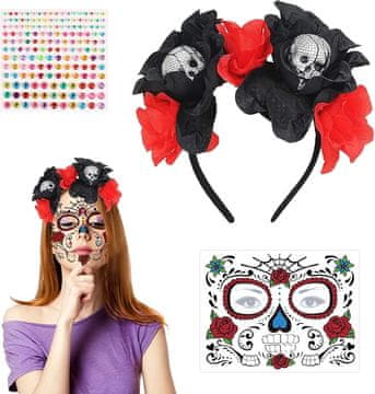 Nikcorp Naglavni trak za noč čarovnic s tetovažami za obraz, ženski kostumski dodatek za dan mrtvih, nakit za obraz in lase