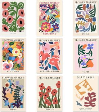 Nikcorp Komplet 9 stenskih plakatov s cvetličnim motivom 25x20 cm, elegantna dekoracija za dom in pisarno, stenska umetnost