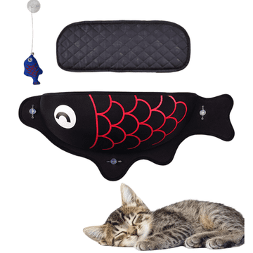 Nikcorp Mačje ležišče za okno v obliki ribe, viseča mreža za steklo s priseski, udobno počivališče za mačke, črna, 56x18 cm