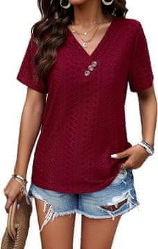 Nikcorp Ženska majica s kratkimi rokavi in V-izrezom, lahka pletenina, ohlapen kroj, Bordeaux, velikost S