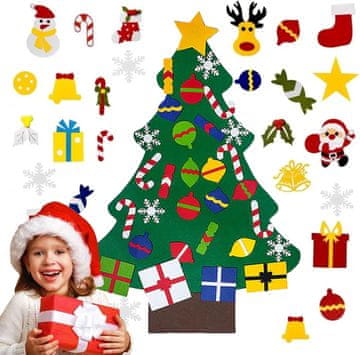 Nikcorp Filčasto božično drevo za na steno DIY 95x70 cm z okraski na ježke, ustvarjalni set za otroke in praznična dekoracija