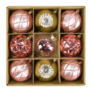 shumee Božične kroglice z obeskom, nelomljive, okrasne, zlate, roza, 8 cm, 9 kosov