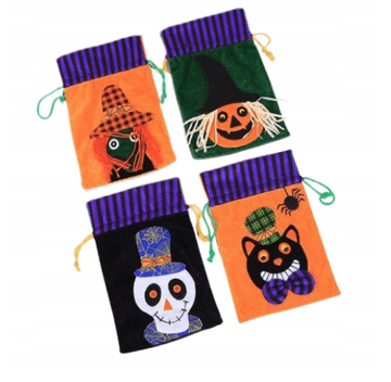 Nikcorp Komplet 4 flanelastih vrečk za sladkarije za noč čarovnic | Vrečke za darila z motivi buče, okostnjaka in čarovnice