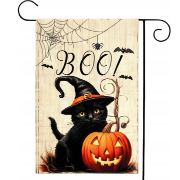 Nikcorp Vrtna zastava za noč čarovnic z motivom črne mačke in buče | Dekoracija iz jute 31x47 cm | Dvostranski tisk