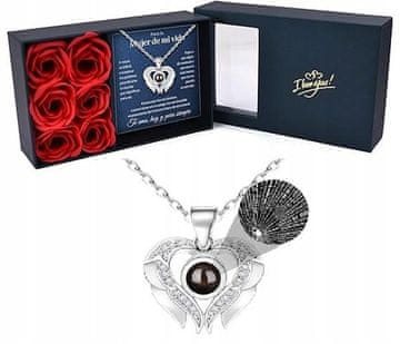 Nikcorp Srebrna ogrlica z angelskimi krili in kamnom Ljubim te v 100 jezikih, posrebreno nerjaveče jeklo, darilo v škatlici