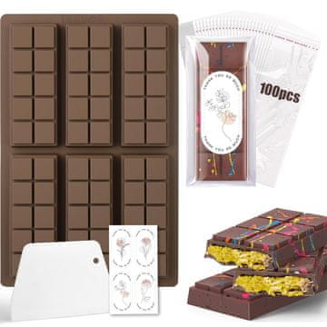 Nikcorp Silikonski model za čokolado 6 ploščic s lopatko, vrečkami in nalepkami | Pekač za domače čokoladne tablice