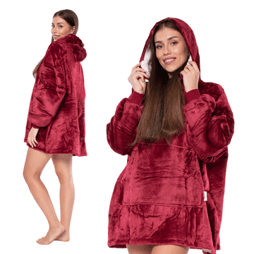 Nikcorp Topla odeja pulover 2v1 s kapuco XXL, debela sherpa podloga, oversize kroj za sprostitev, rdeča barva