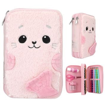 Princess Mimi Dvoupatrový penál s výbavou Robby, Růžový, chlupatý lachtan