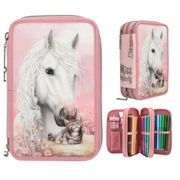 Miss Melody Třípatrový penál s výbavou True Friends, Růžový s bílým koněm a koťátkem