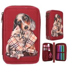 Top Model Dvoupatrový penál s výbavou Fur Ever Friends, Vínový, kotě + štěně