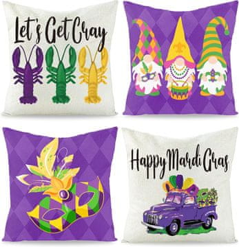 Nikcorp Komplet 4 okrasnih prevlek za blazine 45x45 cm, pustni motiv Mardi Gras, lanena dekoracija za kavč in dom