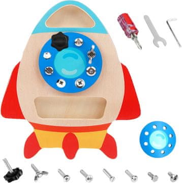 Nikcorp Lesena Montessori deska z vijaki in orodjem za otroke, izobraževalna igrača za razvoj fine motorike, motiv rakete