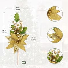 Nikcorp Set okrasnih božičnih cvetov 2 kosa, zlata bleščeča dekoracija za jelko in aranžmaje, umetna roža 28x50 cm