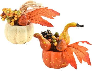 Nikcorp Umetne okrasne buče za noč čarovnic in jesensko dekoracijo, komplet 2 kosov, 22 cm, z listi in storži