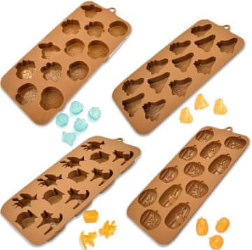 Nikcorp Silikonski kalupi za noč čarovnic, 4 kosi | 3D modeli za čokolado, led, piškote | Buče, duhovi, lobanje, mačke