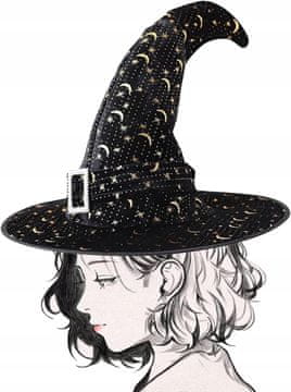 Nikcorp Čarovniški klobuk za noč čarovnic, črn z zlatimi zvezdami in luno, ukrivljena konica, pustni kostum za odrasle