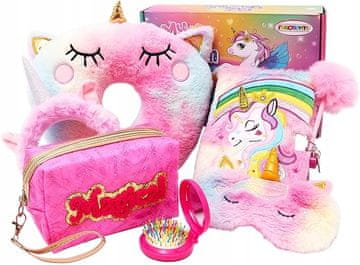 Nikcorp Darilni set za deklice samorog | Vzglavnik za vrat, dnevnik s ključavnico, torbica, pisalo, ogledalo in trak za lase