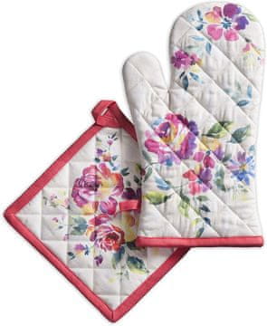 Nikcorp Komplet kuhinjska rokavica in prijemalka za lonce iz bombaža, toplotno odporna, za kuhanje in peko, z motivom vrtnic