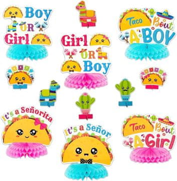 Nikcorp Komplet 12 namiznih okraskov za razkritje spola | Dekoracija za zabavo z motivom mehiškega tacoja, modro-roza