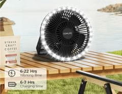 Nikcorp Prenosni kamp ventilator z LED lučko 10000mAh | 8-palčni akumulatorski ventilator za šotor, potovanja in dom, 3 hitrosti