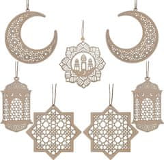 Nikcorp Leseni viseči okraski za ramadan in Eid | Komplet 7 kosov praznične dekoracije za dom | Naravni les, rjava barva