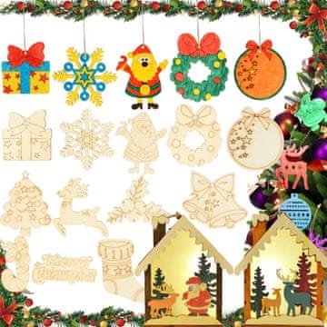 Nikcorp Leseni božični okraski za barvanje 14 kosov | Ustvarjalni set za otroke z barvicami in vrvicami za obešanje na jelko