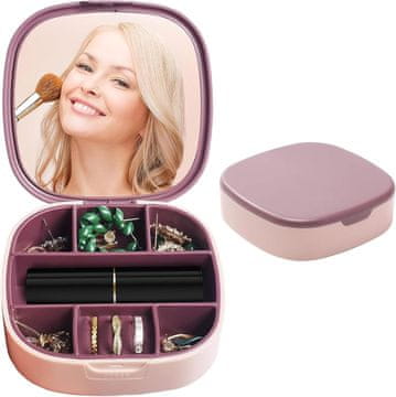 Nikcorp Prenosna škatlica za nakit z ogledalom | Potovalni organizator za prstane in uhane | Roza 10x10cm | Vodoodporna