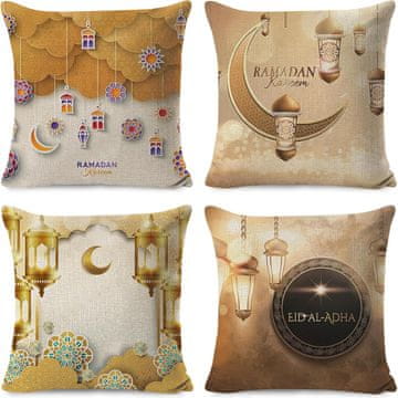 Nikcorp Dekorativne blazine za ramadan 45x45 cm, 4 kosi, lanene prevleke z zlatimi vzorci lune in svetilk za bajram