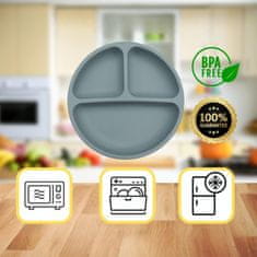 Nikcorp Silikonski krožnik za otroke s predelki in priseski, nedrseč jedilni krožnik za dojenčke in malčke, moder