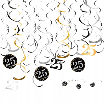 Nikcorp Viseča dekoracija za 25. rojstni dan - 12x spiralne serpentine v zlati, črni in srebrni barvi za zabavo in praznovanje