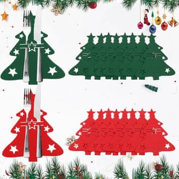 Nikcorp Božična držala za jedilni pribor 16 kosov, filc, rdeča in zelena, oblika drevesa, dekoracija za praznično mizo