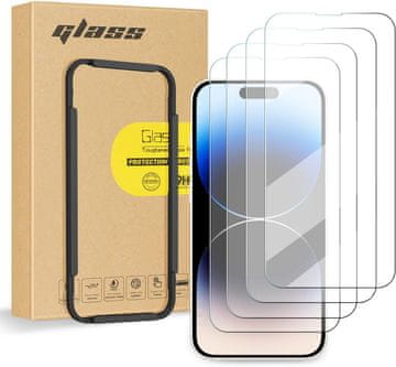 Nikcorp Kaljeno zaščitno steklo za iPhone 14 Pro Max 6,7", komplet 4 kosov, trdota 9H, enostavna namestitev z okvirjem