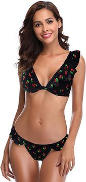 Nikcorp Dvodelne kopalke z volančki in globokim V-izrezom, nastavljive naramnice, nizek pas, vzorec češnje, hitro sušeče