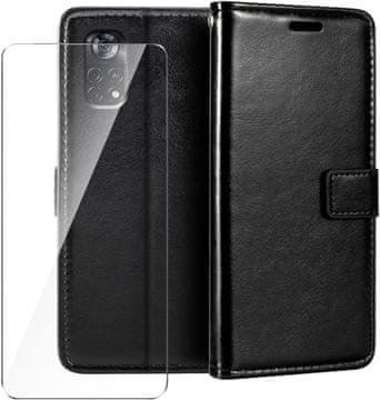 Nikcorp Preklopna torbica etui za Xiaomi Poco X4 Pro 5G z režo za kartice in stojalom + zaščitno kaljeno steklo črna