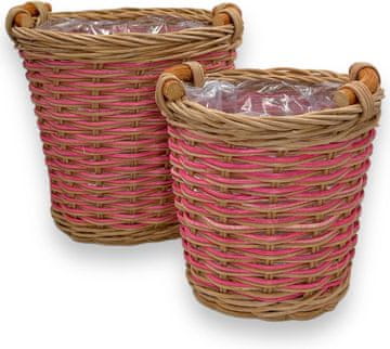 Nikcorp Komplet dveh okrasnih lončkov iz ratana z ročaji | Rjavo-roza pletena košara za rože in shranjevanje | 16,5cm in 13cm