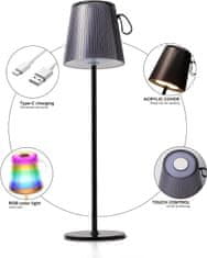 Nikcorp Brezžična LED namizna svetilka črna, vodoodporna IP54, nastavljiva višina, RGB osvetlitev in upravljanje na dotik