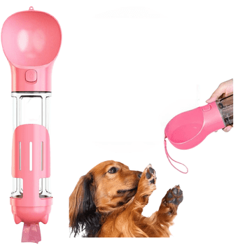 Nikcorp Prenosna steklenica za vodo za psa 500 ml z posodo za hrano in napajalnikom, večnamenski potovalni bidon roza barve