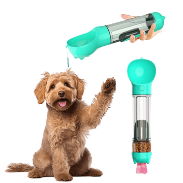 Nikcorp Prenosna steklenica za vodo za psa 500 ml z posodo za hrano in napajalnikom, turkizna potovalna plastenka za pse