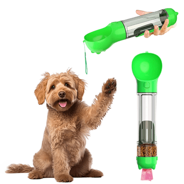 Nikcorp Prenosna steklenica za vodo za psa 500 ml z posodo za hrano | Potovalni napajalnik in bidon za pse | Zelena