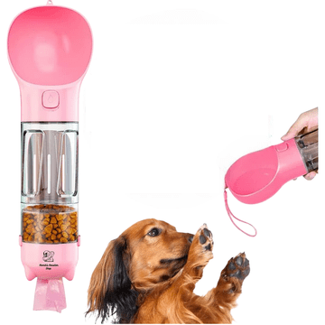 Nikcorp Prenosna steklenica za vodo za psa 300 ml z posodo za hrano | Potovalni napajalnik in bidon za sprehode, roza barve