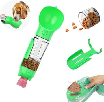 Nikcorp Prenosna potovalna steklenica za psa in mačko 300ml 4v1 z dozirnikom za vodo, hrano in vrečke za iztrebke, zelena