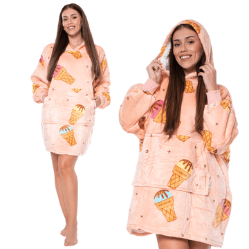Nikcorp Topla odeja pulover 2v1 s kapuco, oversize kroj, debela sherpa podloga, roza z vzorcem sladoledov, univerzalna velikost