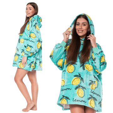 Nikcorp Topla odeja pulover 2v1 s kapuco in žepom, oversize kroj, mehka sherpa in flanela, zelena z limonami, univerzalna velikost