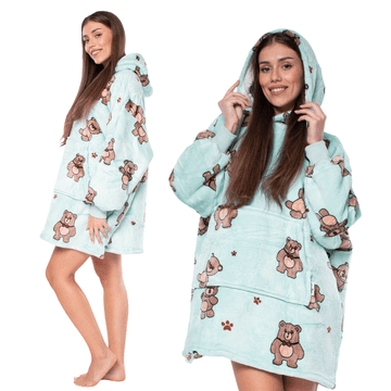 Nikcorp Topla odeja bluza 2v1 z debelo sherpa podlogo in kapuco | Oversize pulover odeja modra z medvedki | Univerzalna velikost