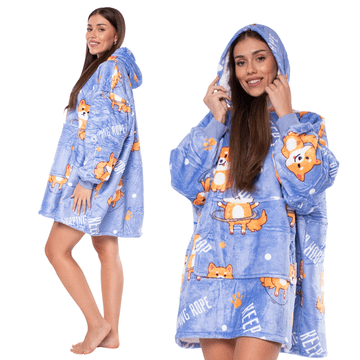 Nikcorp Odeja bluza 2v1 s kapuco, oversize kroj, topla podloga iz sherpe, vijolična z motivom psov, univerzalna velikost