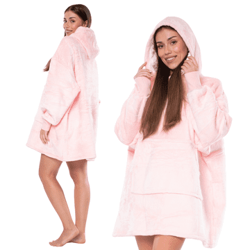 Nikcorp Topla oversize kocobluza 2v1 s kapuco in kenguru žepom, debela sherpa podloga, roza barva, velikost XXL