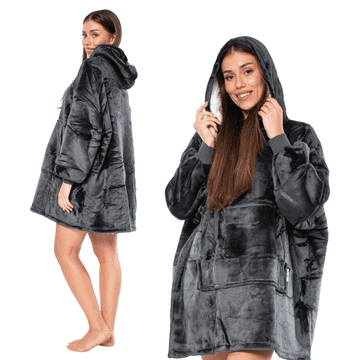 Nikcorp Topla odeja pulover s kapuco 2v1 XXL, oversize kroj, podložena z debelo sherpo, črna