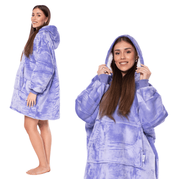 Nikcorp Topla oversize odeja pulover 2v1 s kapuco in žepom, debela sherpa podloga, vijolična barva, velikost XXL za odrasle