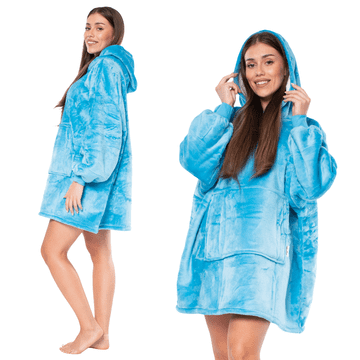 Nikcorp Topla odeja pulover s kapuco 2v1 XXL | Oversize kocobluza iz flanele in sherpe za sprostitev | Modra